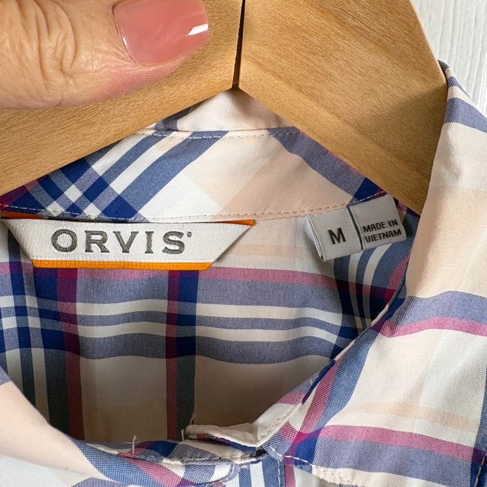 Orvis Plaid Long-Sleeve Button-Up Hiking Fishing Travel Shirt Womens M Pink Blue - Picture 2 of 7